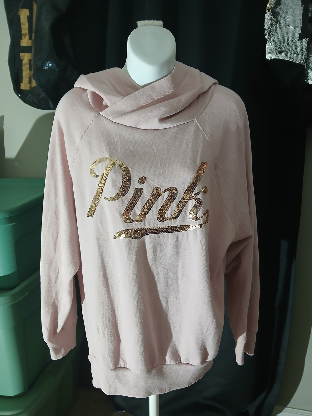 VS PINK Victoria's Secret Women's Blush Pink Sequin Logo Hoodie Oversized Small